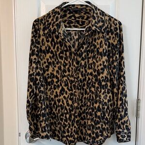 Halogen Leopard Print Button-Down Shirt - Black and Tan